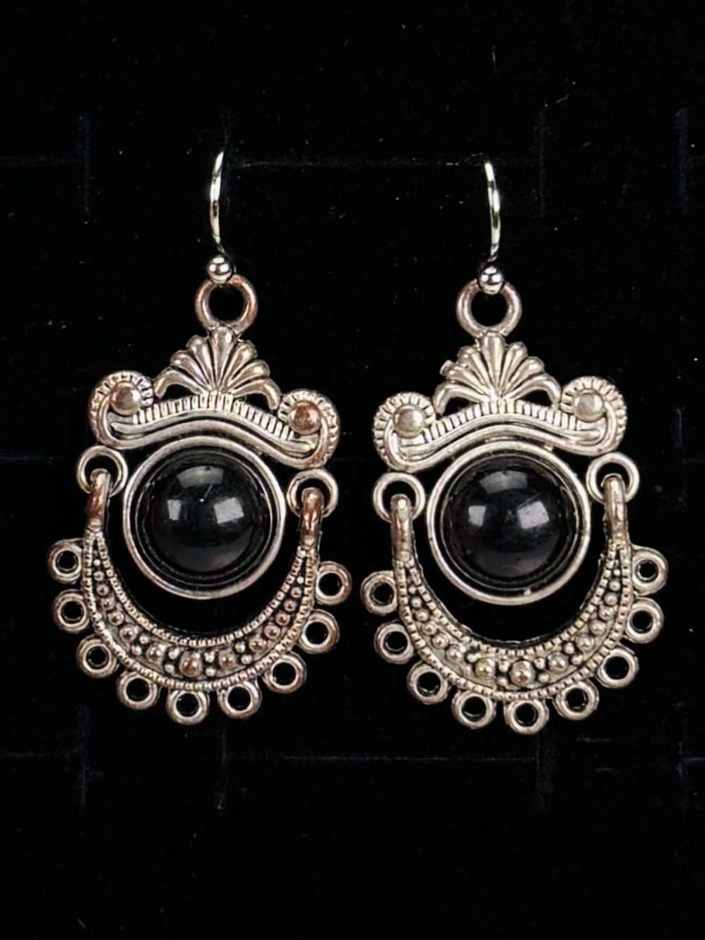 Vintage aged Silvertone and black southwestern Bohemian style pierced earrings